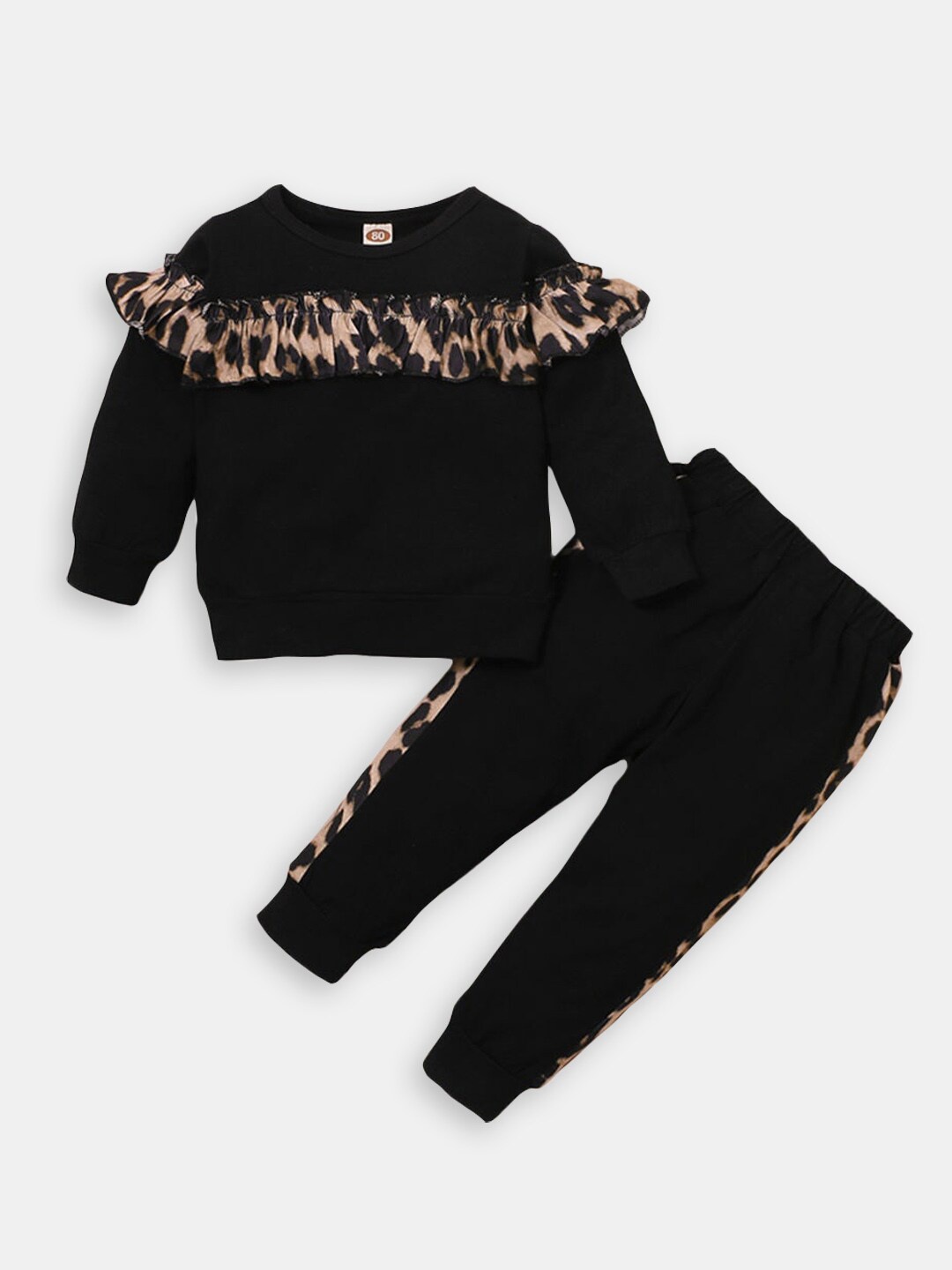 

Hopscotch Girls Printed Pure Cotton T-shirt with Trousers, Black