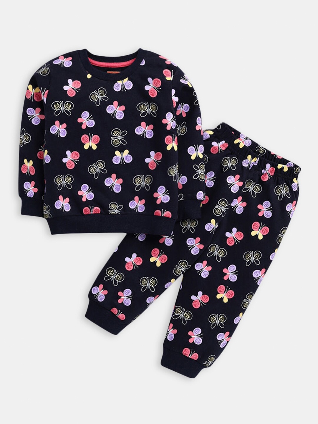 

Hopscotch Girls Printed Pure Cotton T-shirt with Trousers, Navy blue