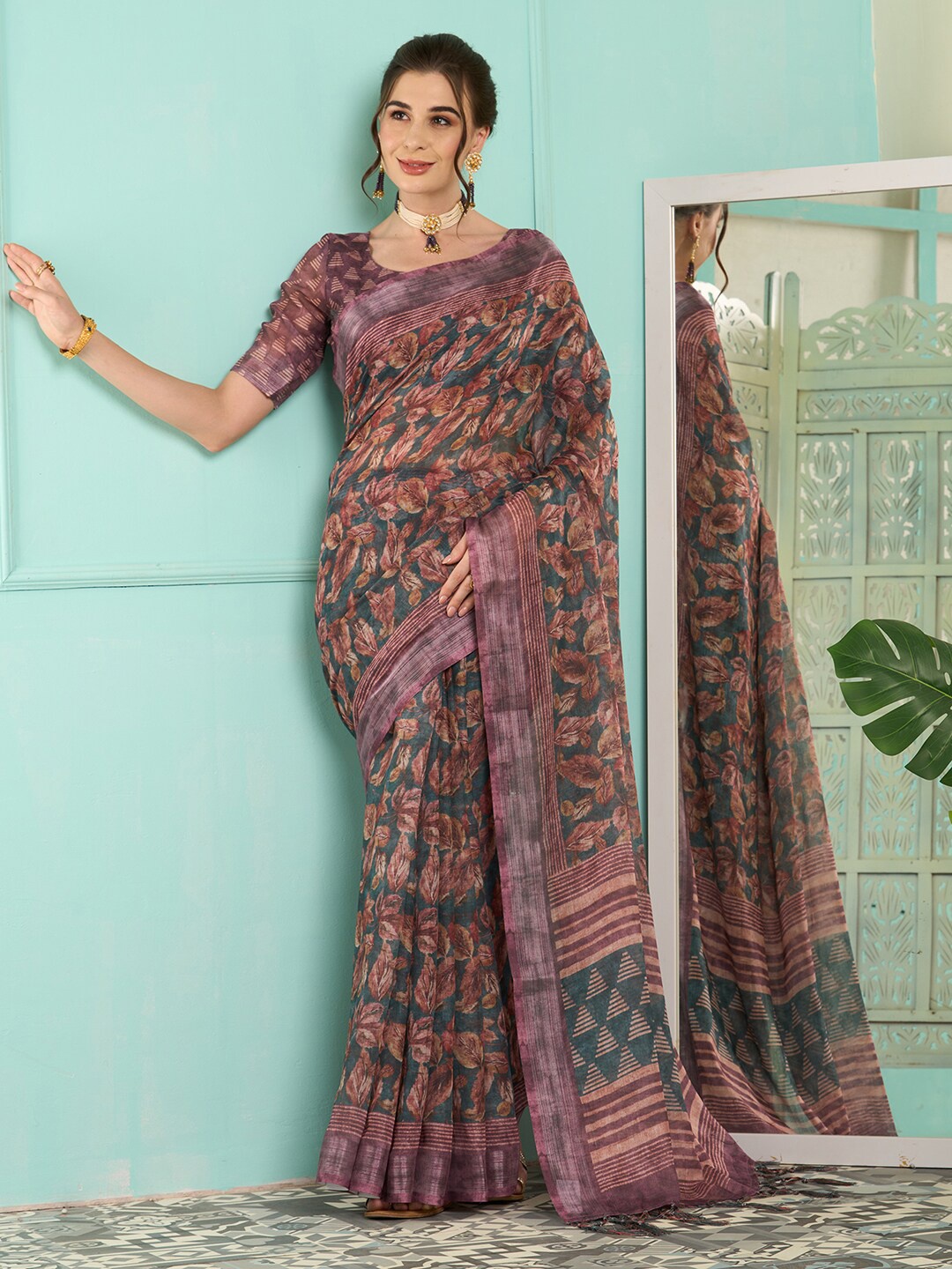 

Saree mall Floral Printed Banarasi Traditional Sarees, Teal