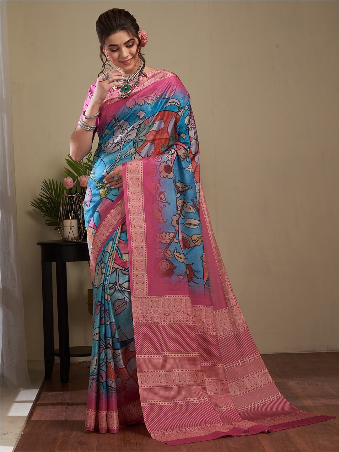 

Saree mall Kalamkari Silk Blend Pochampally Sarees, Blue