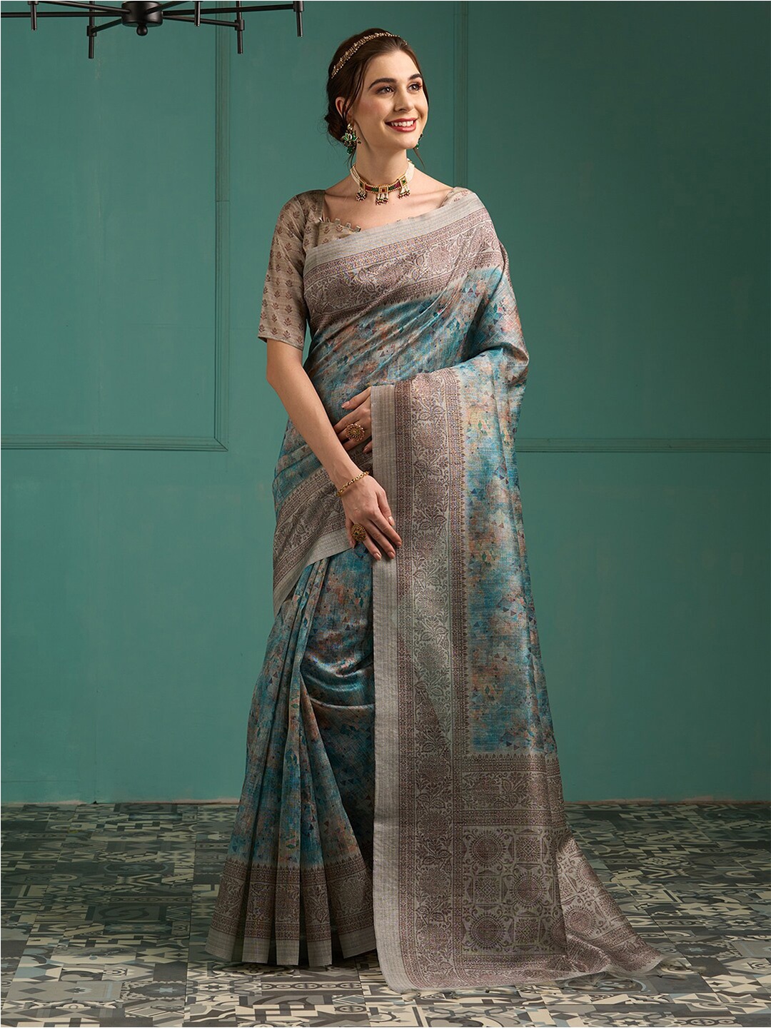 

Saree mall Floral Silk Blend Banarasi Sarees, Teal