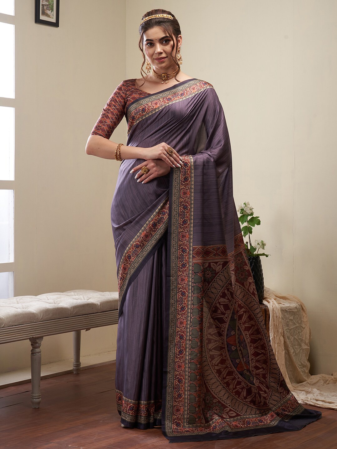 

Saree mall Ethnic Motifs Silk Blend Banarasi Sarees, Purple
