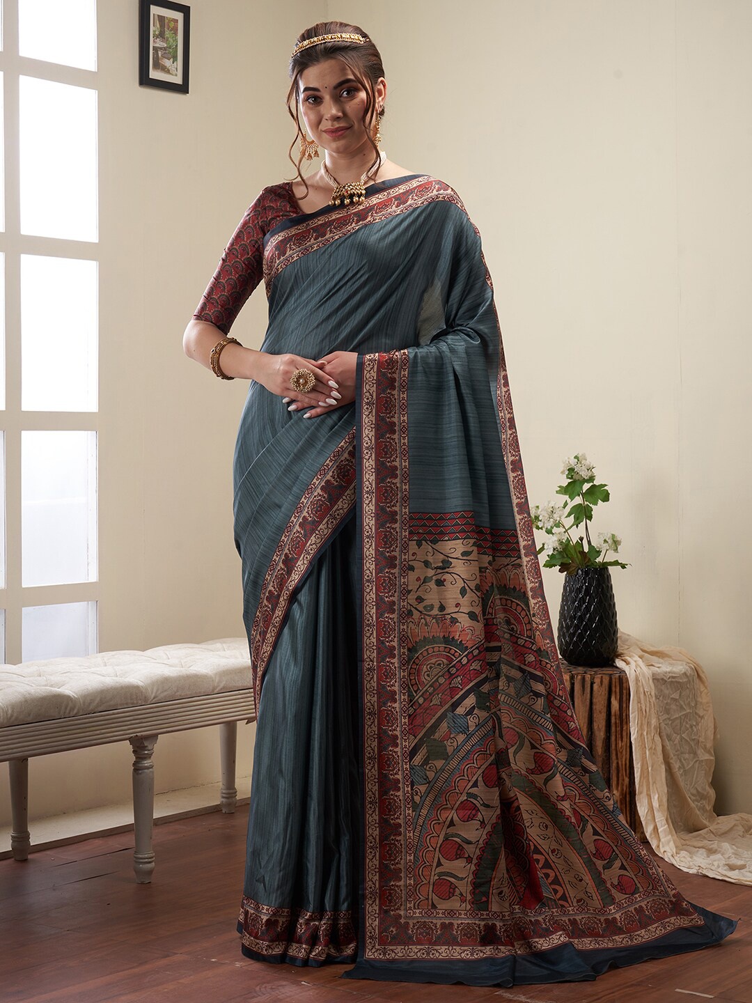 

Saree mall Kalamkari Printed Banarasi Traditional Sarees, Sea green