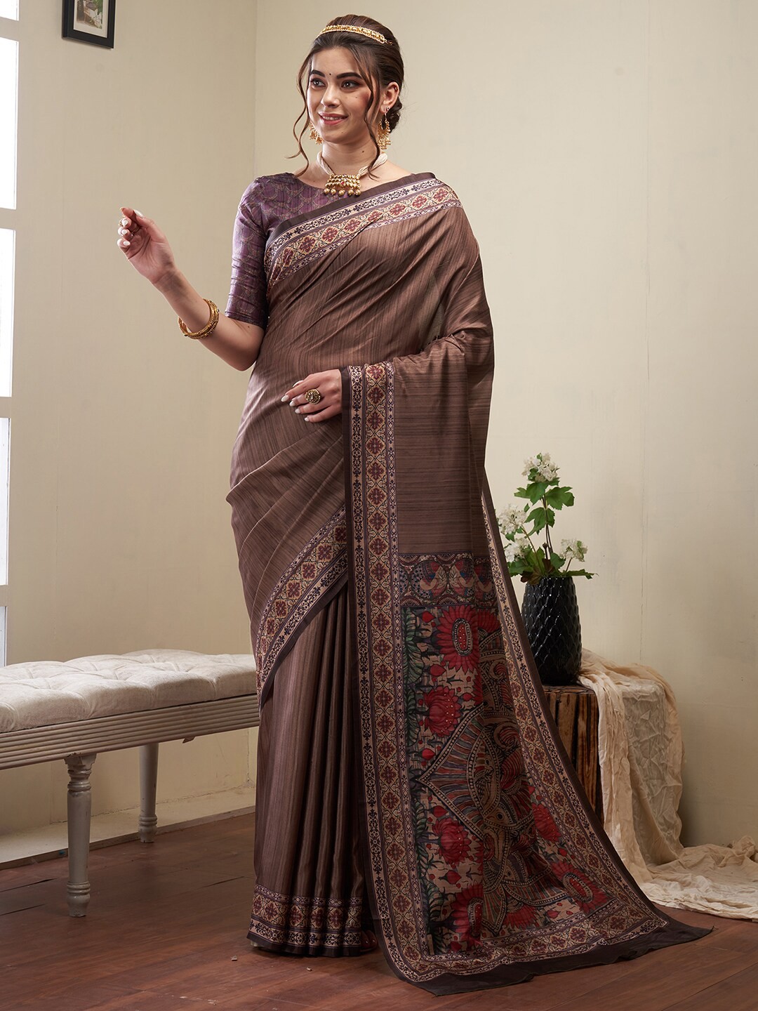 

Saree mall Kalamkari Printed Banarasi Traditional Sarees, Brown