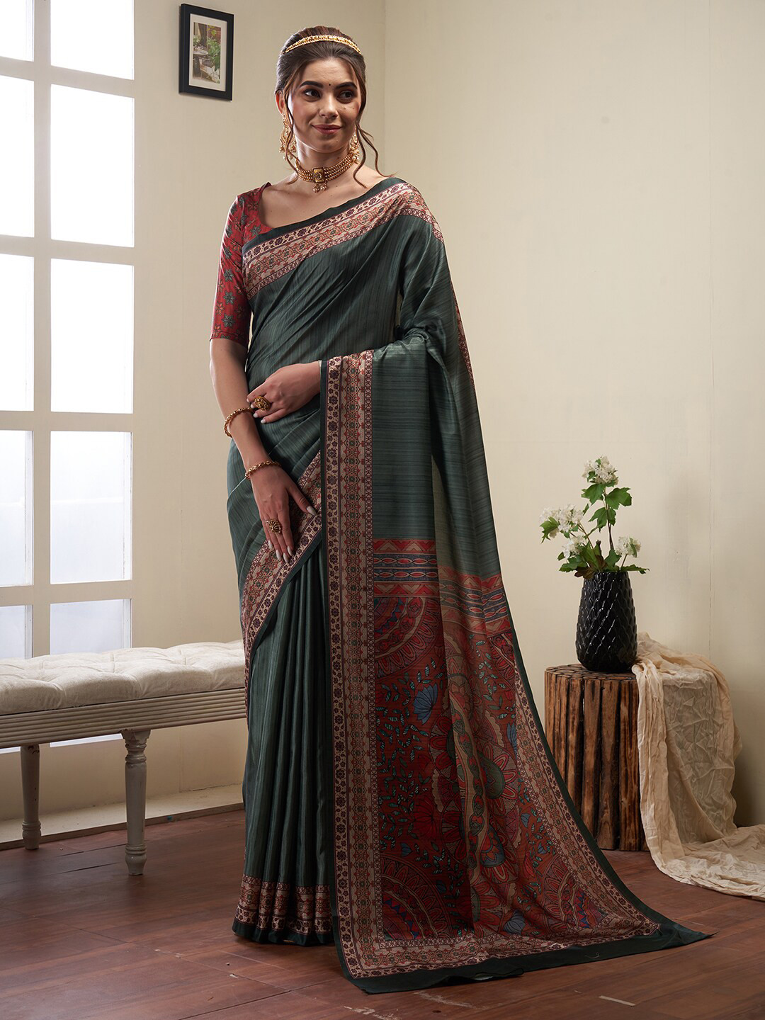

Saree mall Kalamkari Printed Banarasi Traditional Sarees, Green