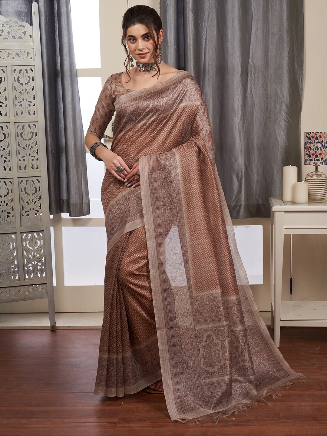 

Saree mall Ethnic Motifs Printed Banarasi Sarees, Brown