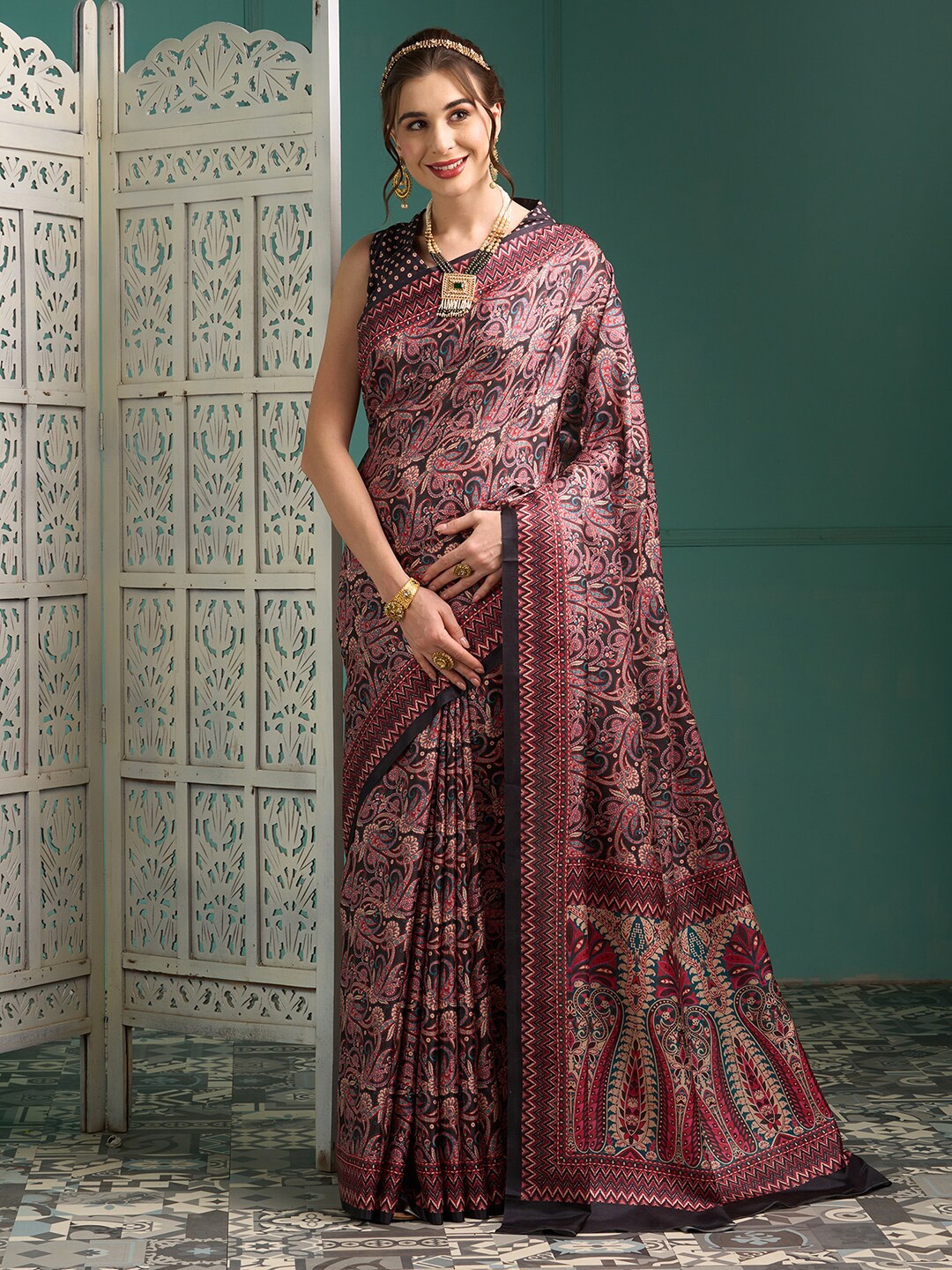 

Saree mall Ethnic Motifs Block Print Silk Blend Saree, Black