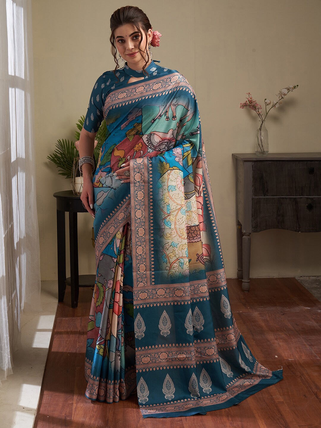 

Saree mall Kalamkari Pochampally Silk Blend Sarees, Teal
