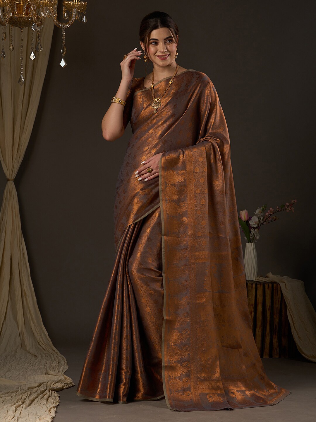 

Saree mall Woven Design Zari Silk Blend Kanjeevaram Sarees, Grey