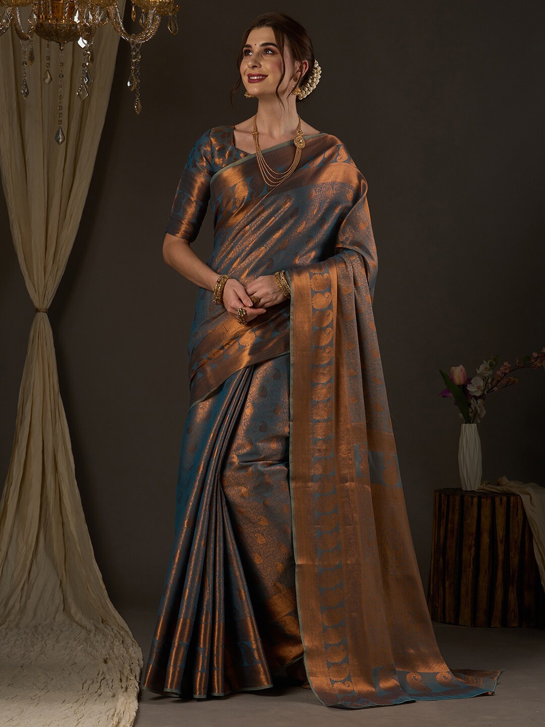 

Saree mall Woven Design Zari Kanjeevaram Traditional Sarees, Teal