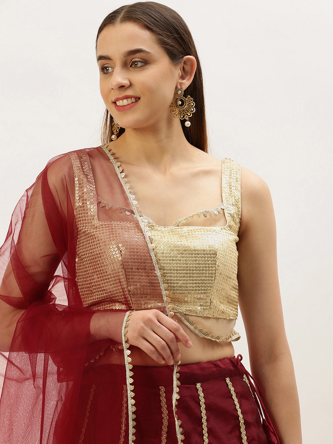 

Ethnovog Embellished Sequinned Ready To Wear Lehenga & Blouse With Dupatta, Cream
