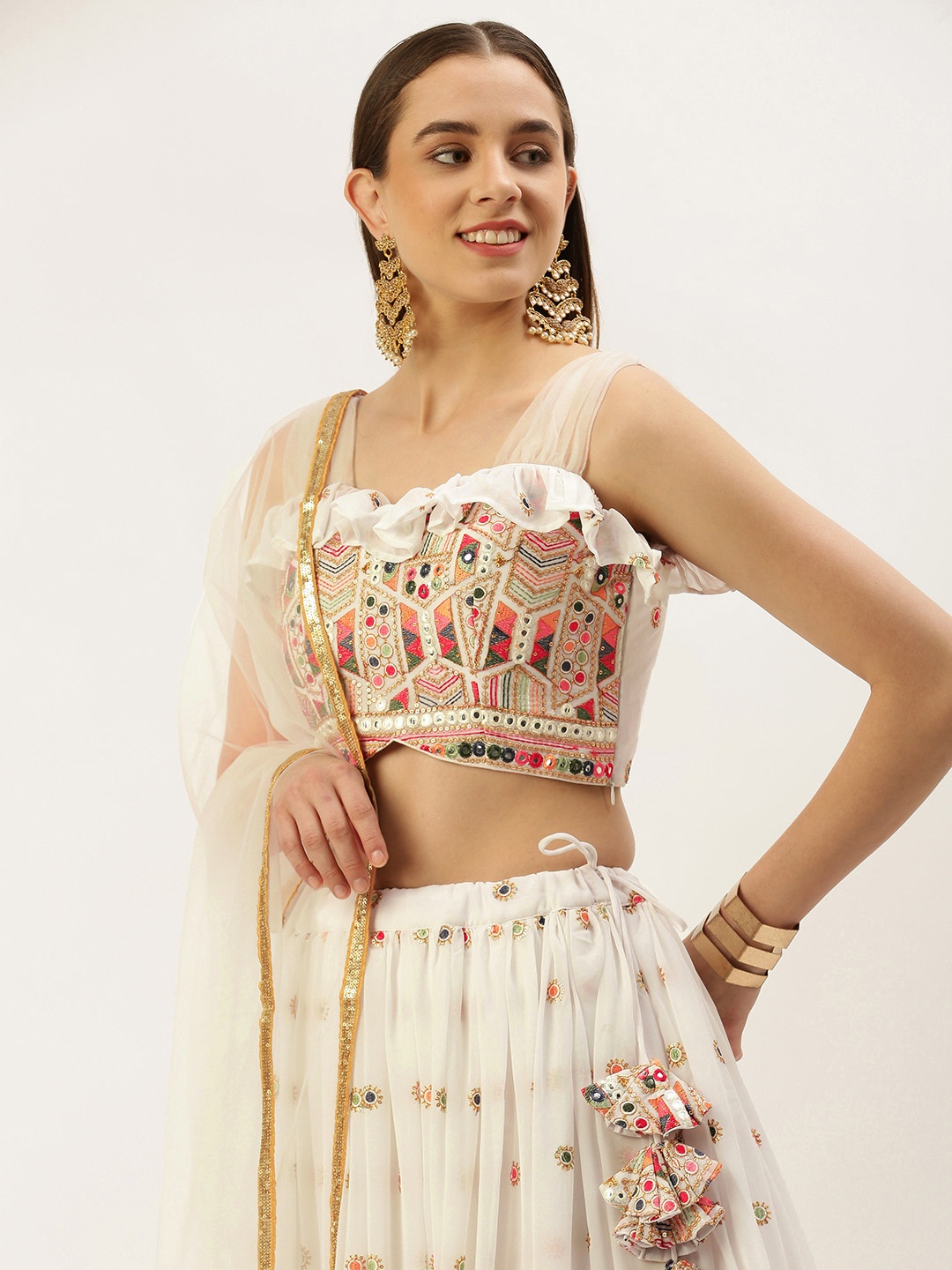 

Ethnovog Embroidered Mirror Work Ready To Wear Lehenga & Blouse With Dupatta, White