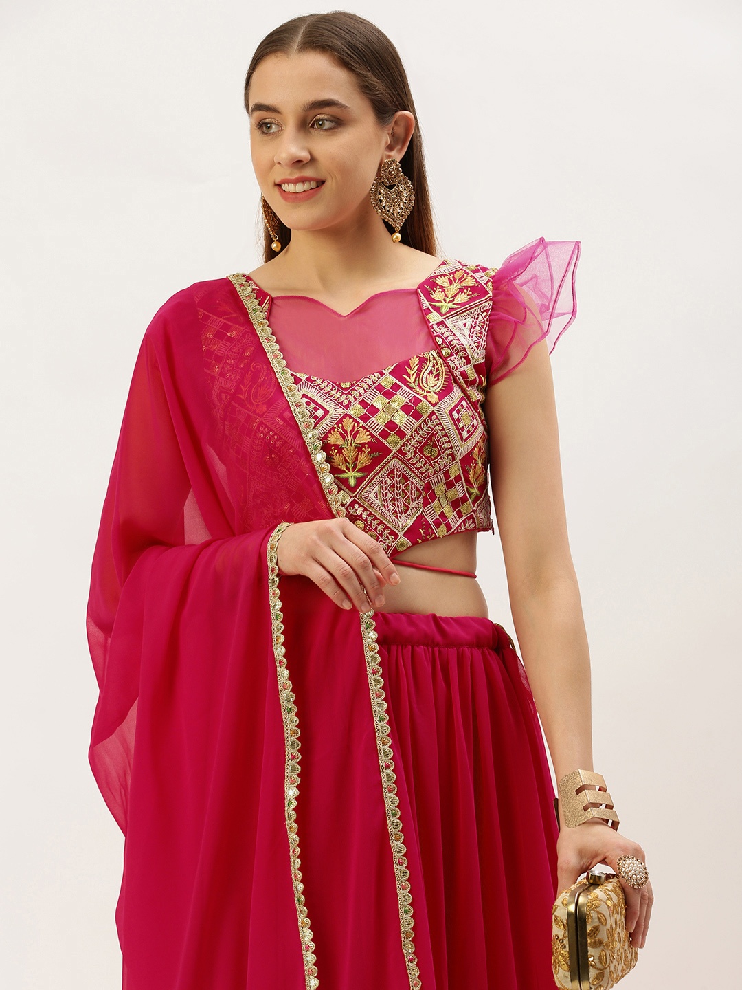 

Ethnovog Embroidered Gotta Patti Ready To Wear Lehenga & Blouse With Dupatta, Pink