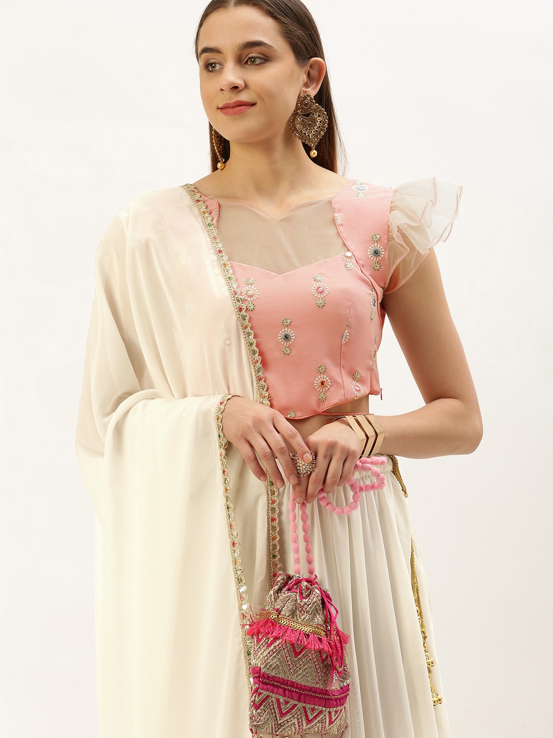 

Ethnovog Embroidered Gotta Patti Ready To Wear Lehenga & Blouse With Dupatta, Pink