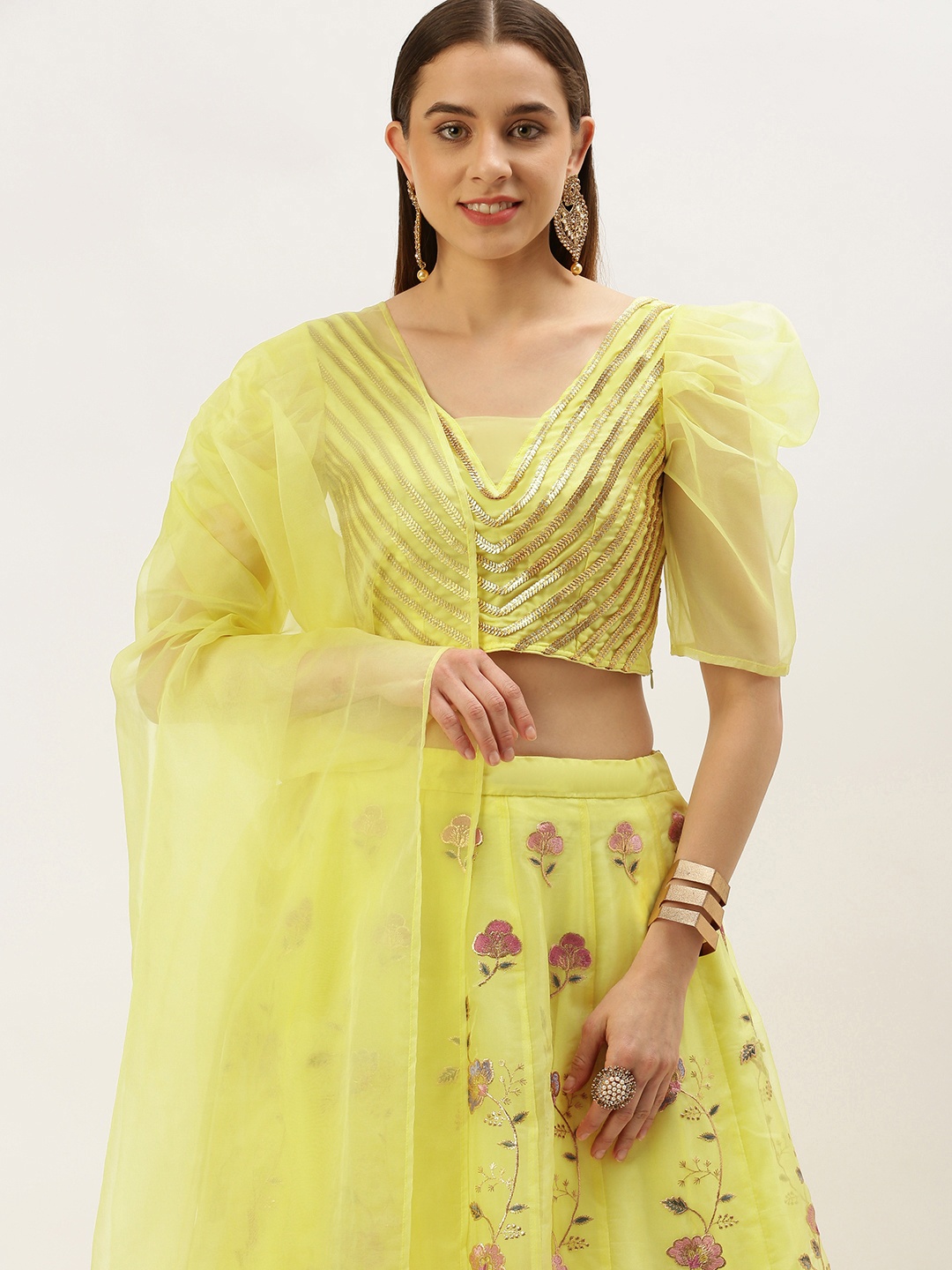 

Ethnovog Embellished Thread Work Ready To Wear Lehenga & Blouse With Dupatta, Yellow