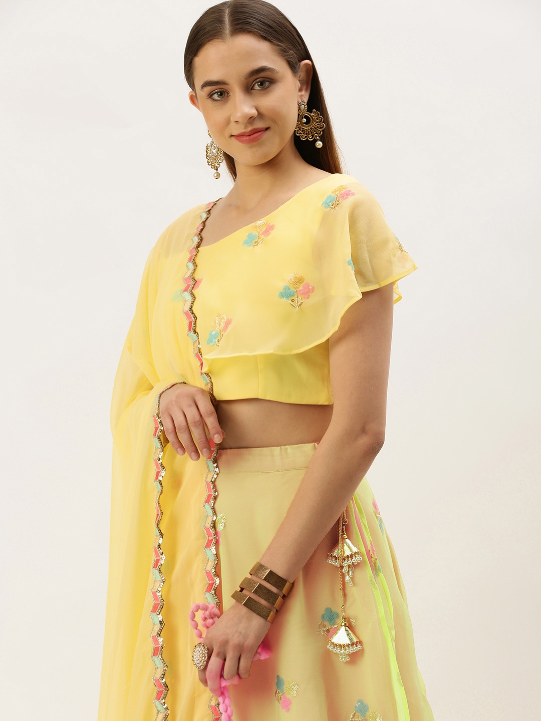 

Ethnovog Embellished Sequinned Ready To Wear Lehenga & Blouse With Dupatta, Yellow