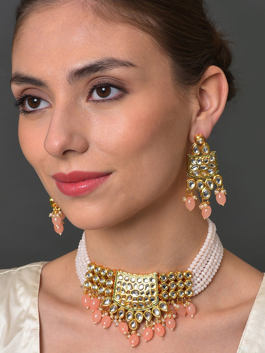 

SOHI Gold-Plated Kundan Studded & Beaded Jewellery Set, Orange