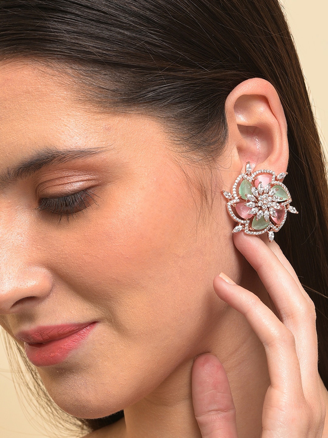 

SOHI Gold Plated Contemporary Studs Earrings, Pink