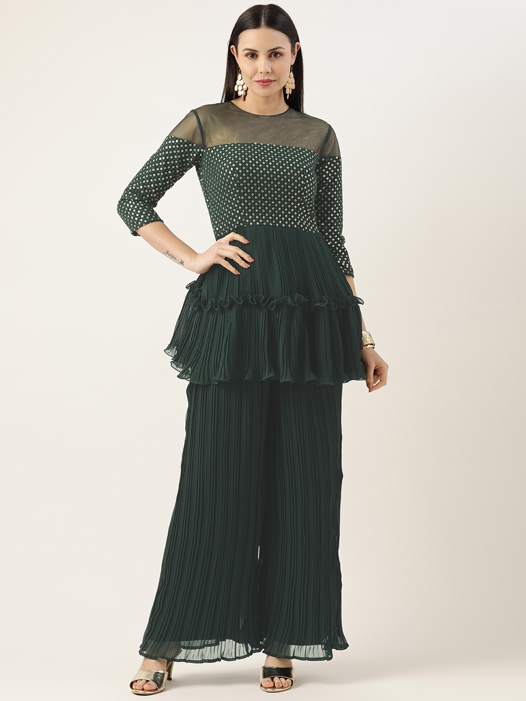

Ethnovog Ethnic Motifs Embroidered Tiered Sequinned Top With Palazzos, Green