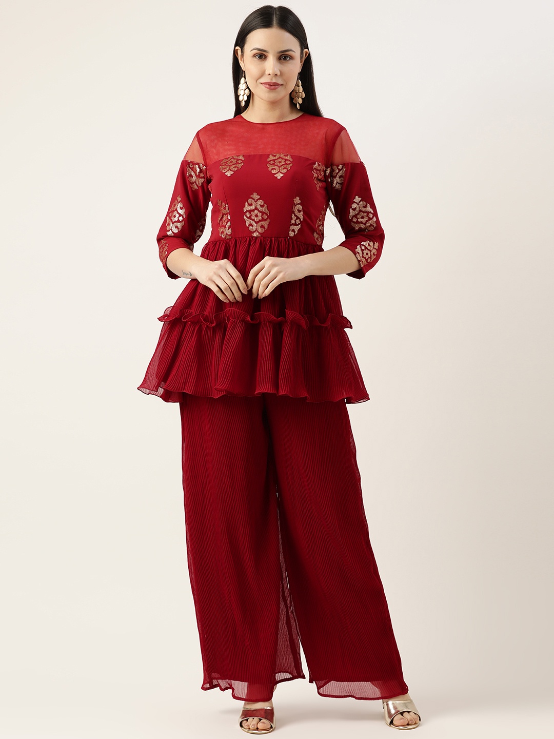 

Ethnovog Ethnic Motifs Embroidered Tiered Sequinned Top With Palazzos, Maroon