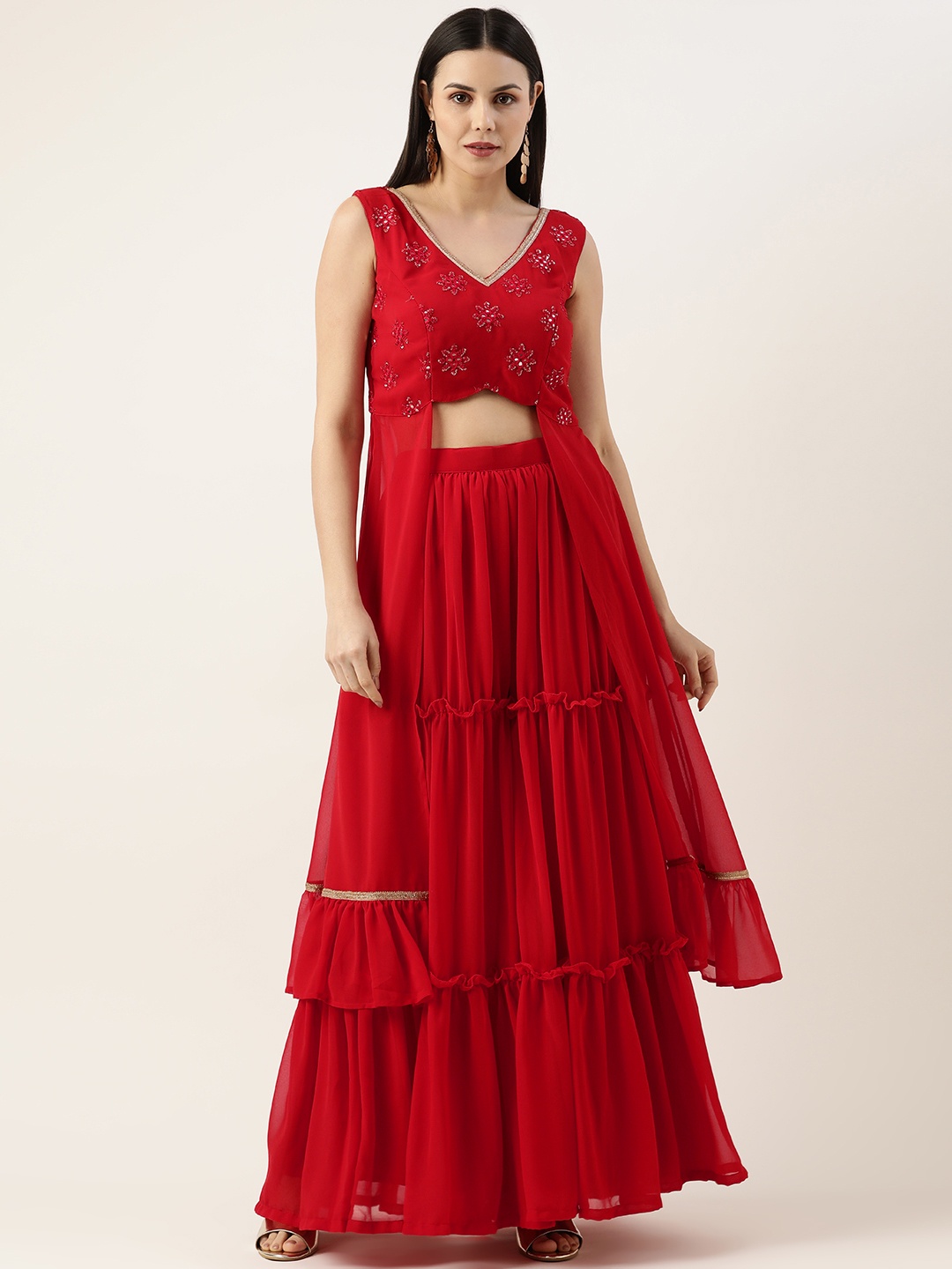 

Ethnovog Ethnic Motifs Embroidered High Slit Mirror Work Kurta With Sharara, Red