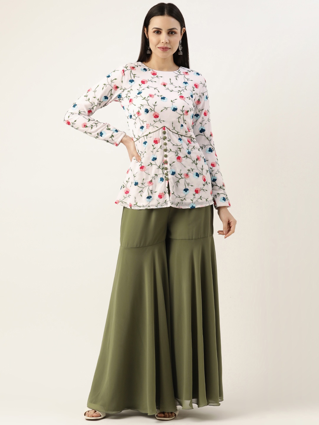 

Ethnovog Women White Floral Embroidered Thread Work Top With Sharara