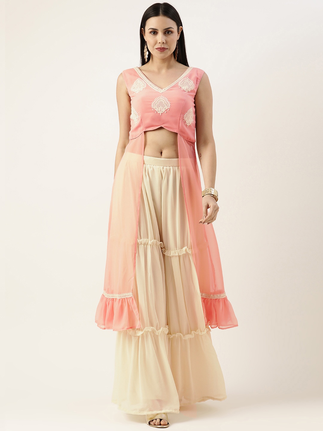 

Ethnovog Ethnic Motifs Embroidered High Slit Sequinned Kurta With Sharara, Pink