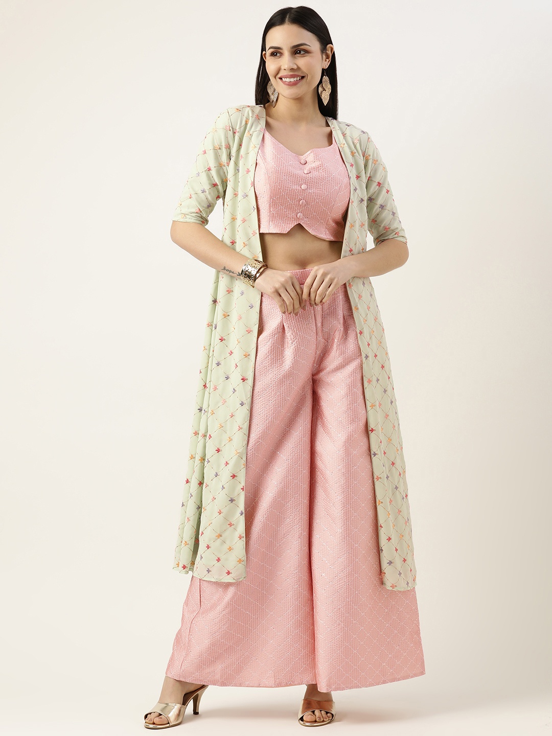 

Ethnovog Embellished Top With Palazzos & Jacket, Pink
