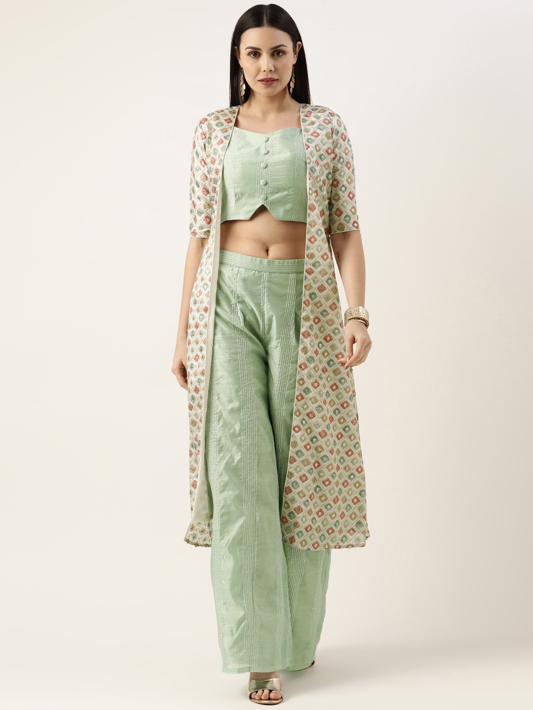 

Ethnovog Embellished Top With Palazzos & Jacket, Green