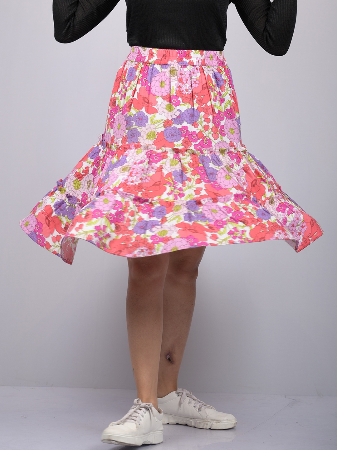 

OWO THE LABEL Printed Tiered Flared Midi Skirt, Pink