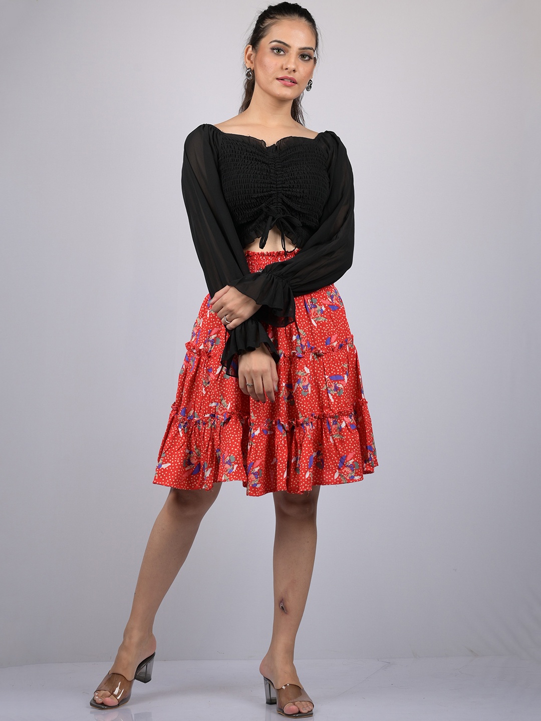 

OWO THE LABEL Women Floral Printed Flared Semi-Fit Mini Skirt, Red