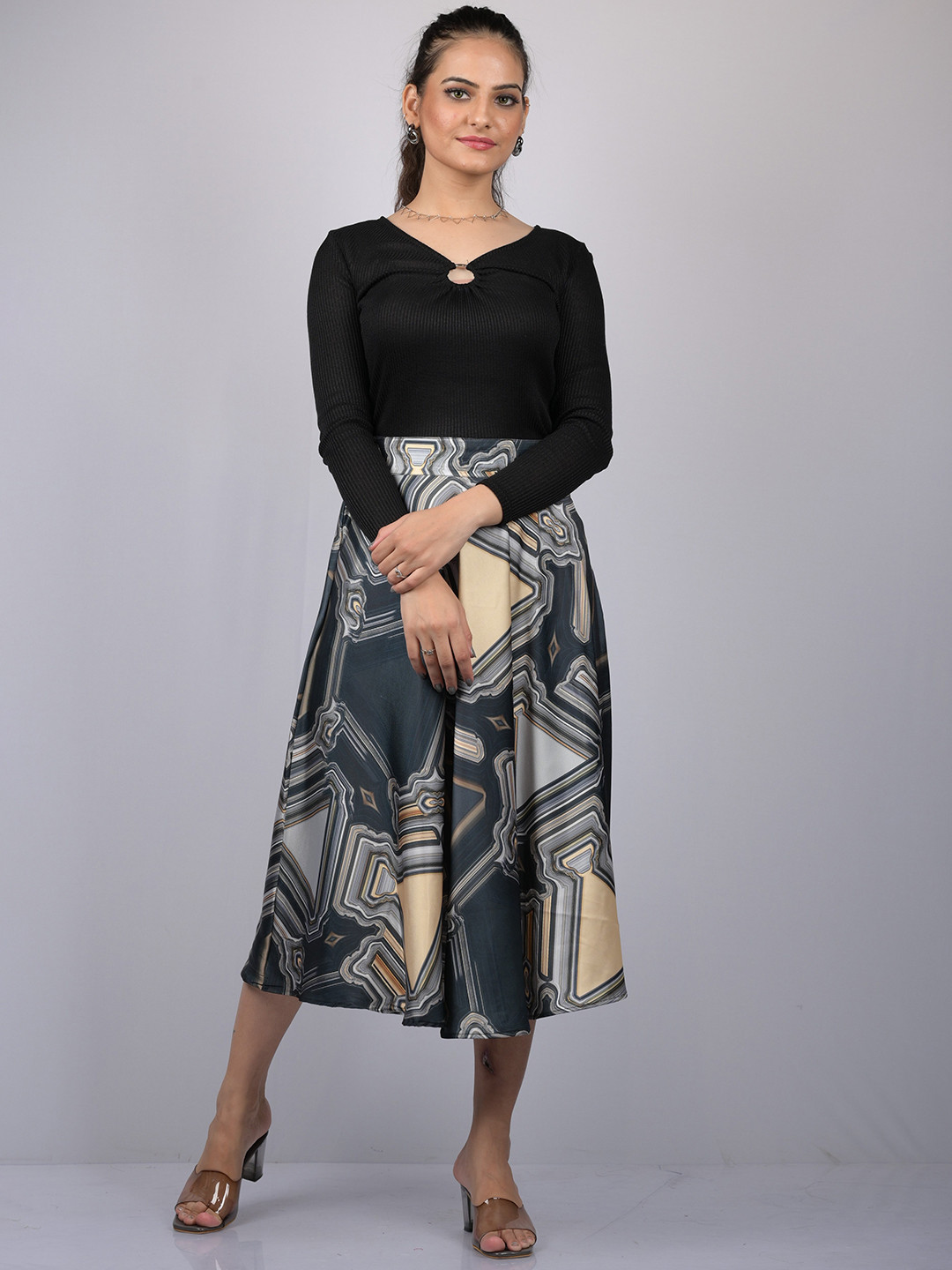 

OWO THE LABEL Printed Flared Midi Skirt, Teal