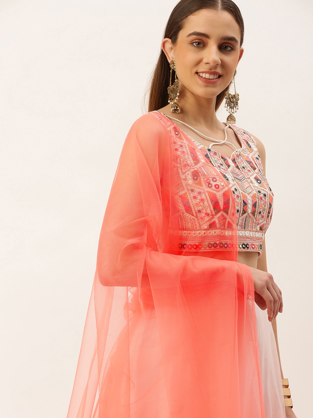 

Ethnovog White & Peach-Coloured Embroidered Mirror Work Ready to Wear Lehenga & Blouse With Dupatta