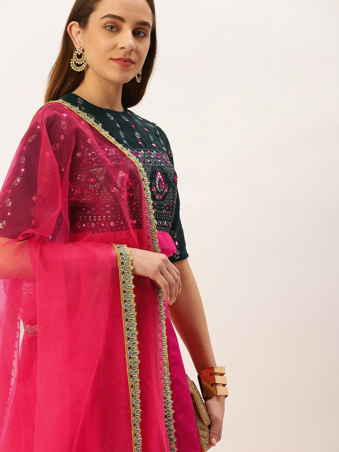 

Ethnovog Green & Pink Embroidered Mirror Work Ready to Wear Lehenga & Blouse With Dupatta