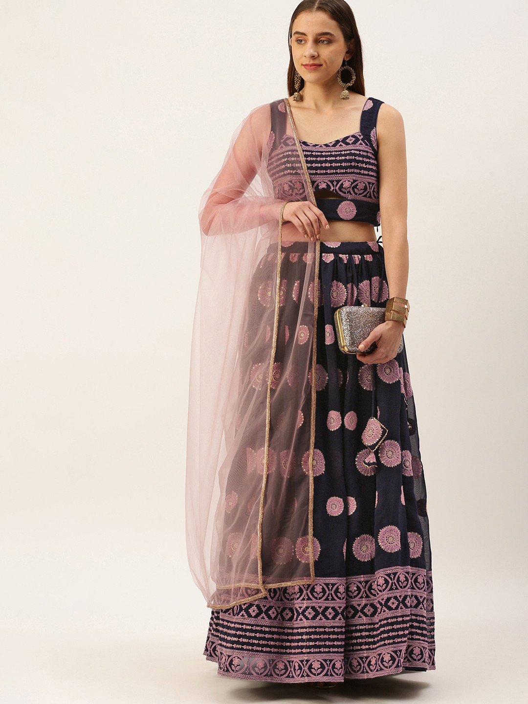 

Ethnovog Embroidered Sequinned Ready To Wear Lehenga & Blouse With Dupatta, Navy blue