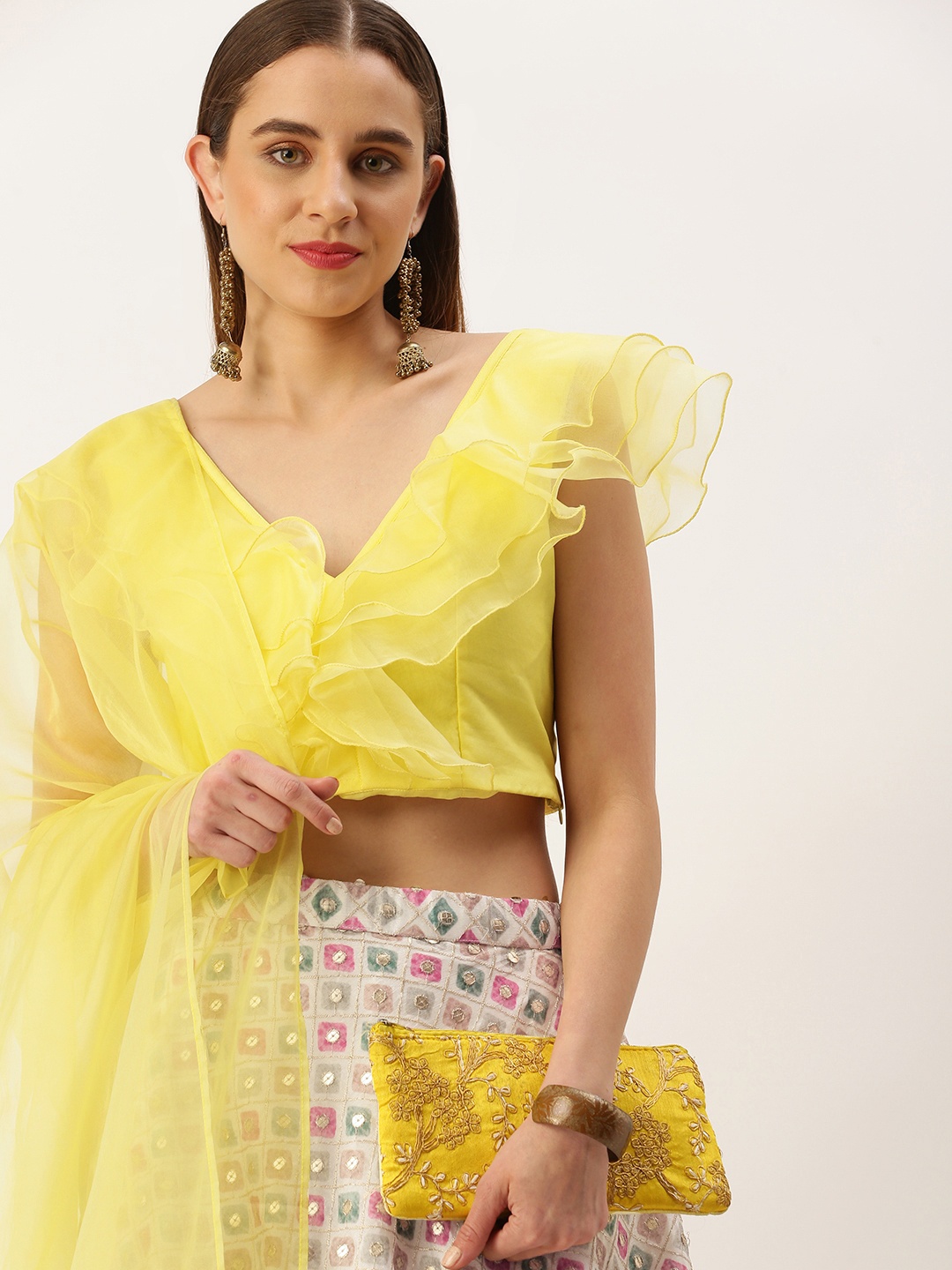 

Ethnovog Yellow & White Mirror Work Ready to Wear Lehenga & Blouse With Dupatta
