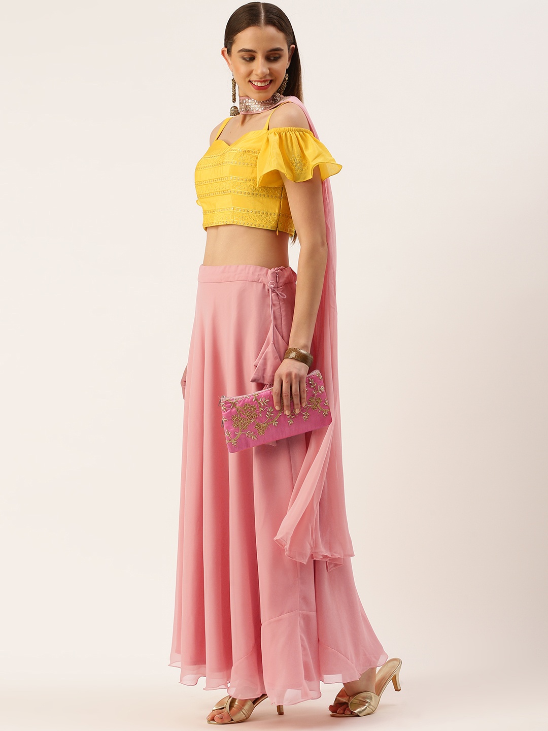 

Ethnovog Yellow & Pink Embellished Sequinned Ready to Wear Lehenga & Blouse With Dupatta