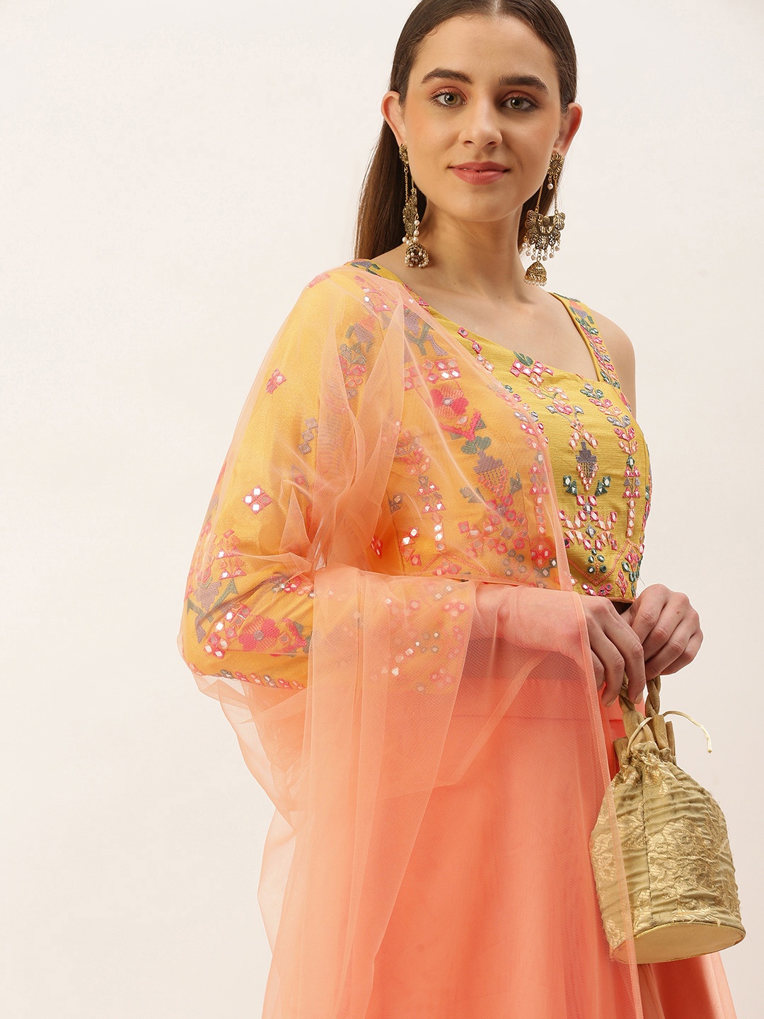 

Ethnovog Yellow & Peach-Coloured Embroidered Mirror Work Ready to Wear Lehenga & Blouse With Dupatta
