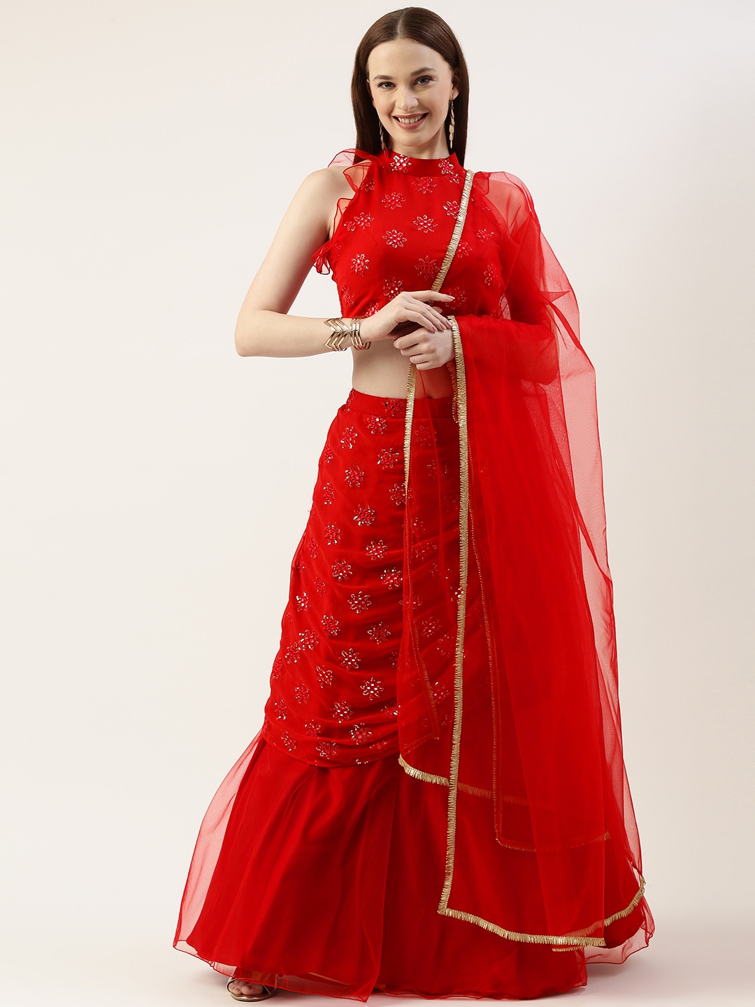 

Ethnovog Mirror Work Detail Ready to Wear Lehenga & Blouse With Dupatta, Red
