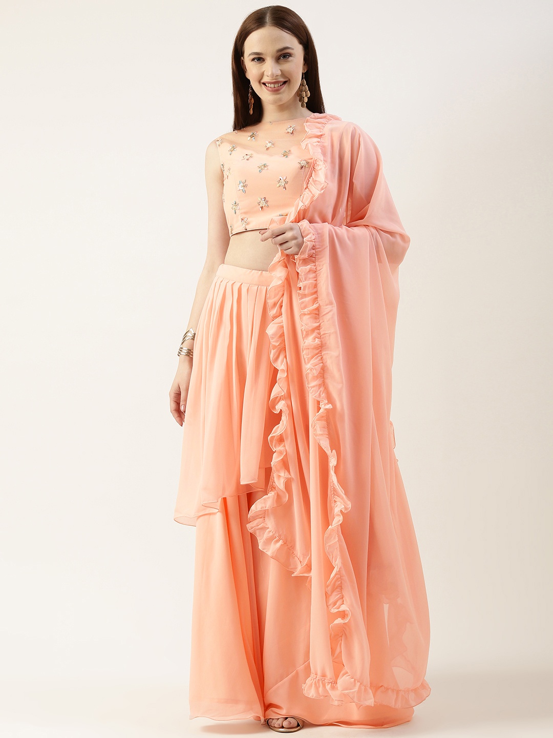 

Ethnovog Ready to Wear Lehenga & Sequinned Blouse With Dupatta, Peach
