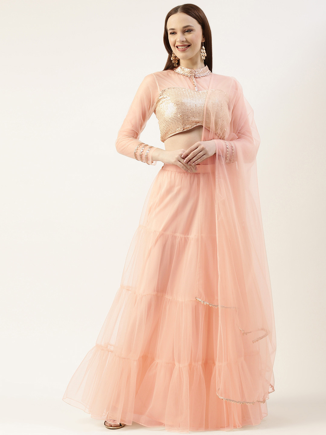 

Ethnovog Ready to Wear Lehenga & Sequinned Blouse With Dupatta, Peach