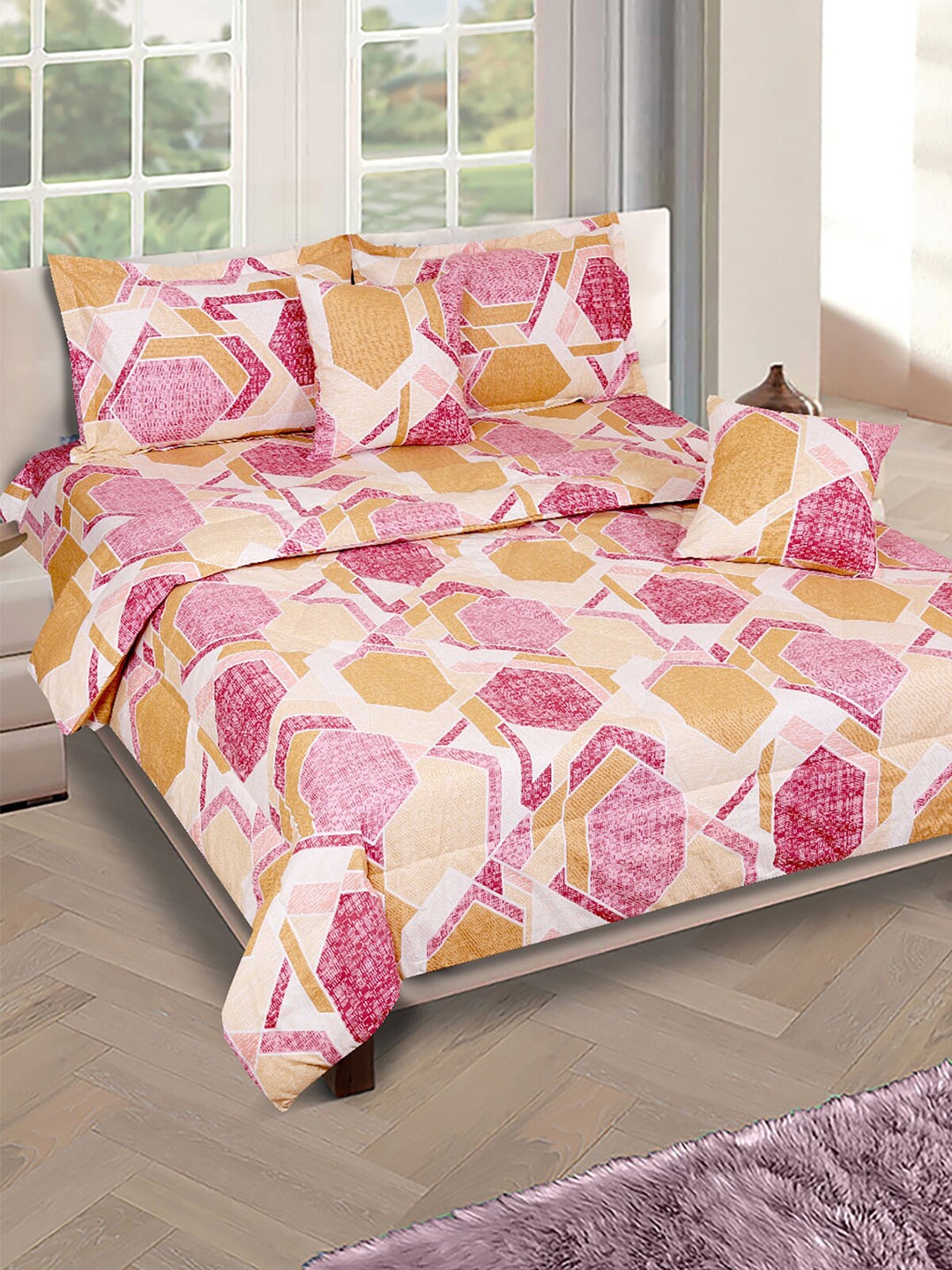 

ROMEE Beige & Pink Printed Cotton Double Queen Bedding Set With Pillow Cover