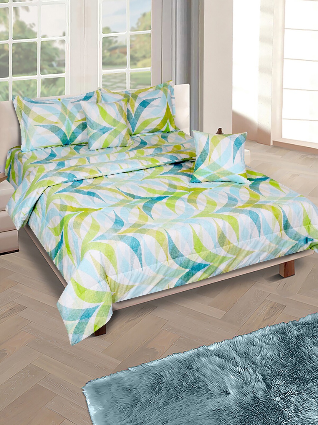 

ROMEE Green & Blue Printed Cotton Double Queen Bedding Set With Pillow Cover