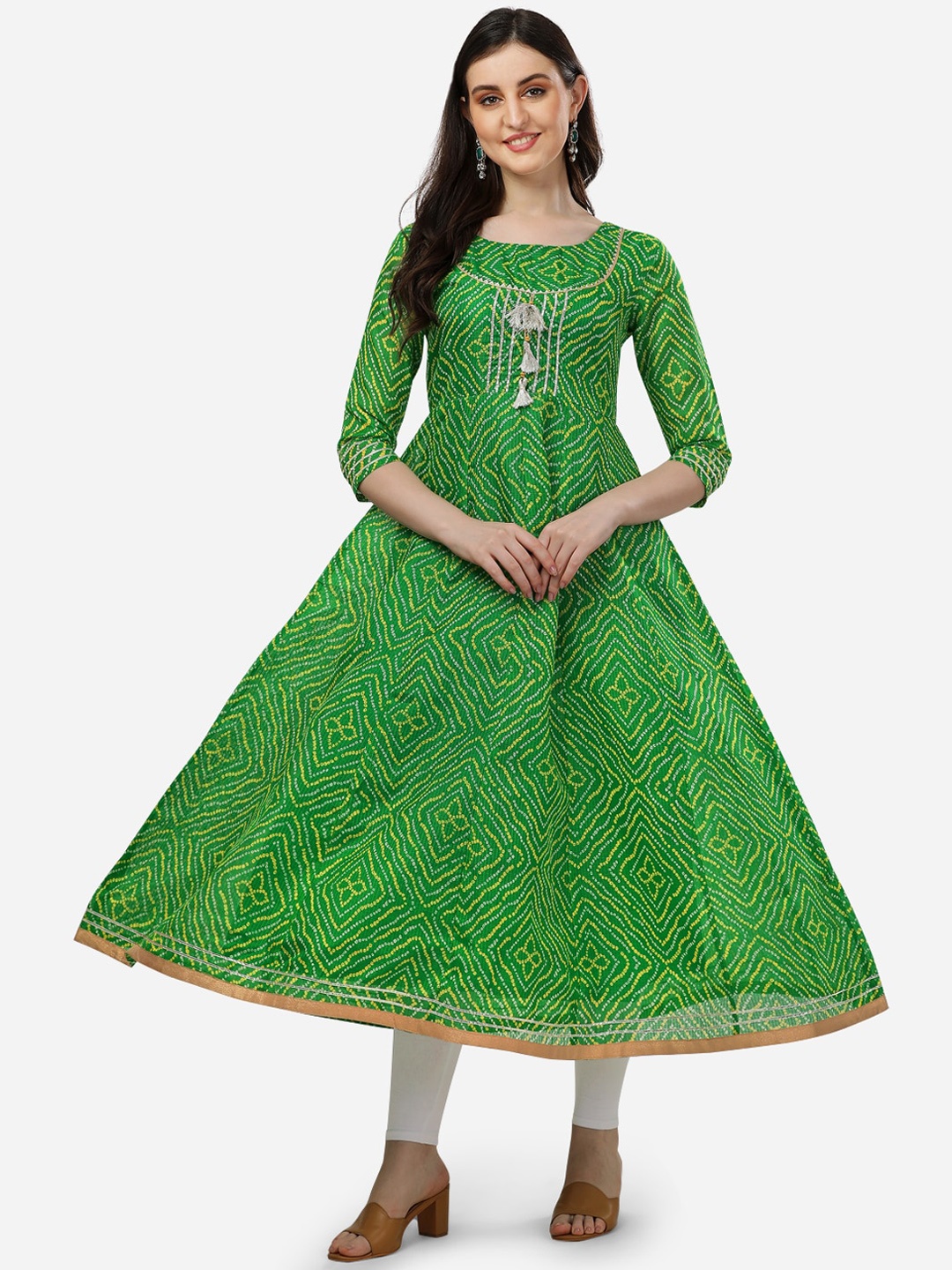 

HERE&NOW Bandhani Printed Thread Work Anarkali Kurta, Green