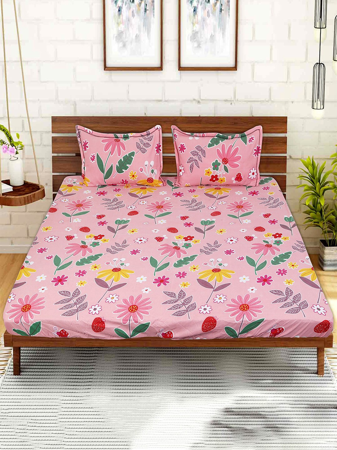 

Kuber Industries Pink Floral Printed Cotton 144 TC King Bedsheet with 2 Pillow Covers