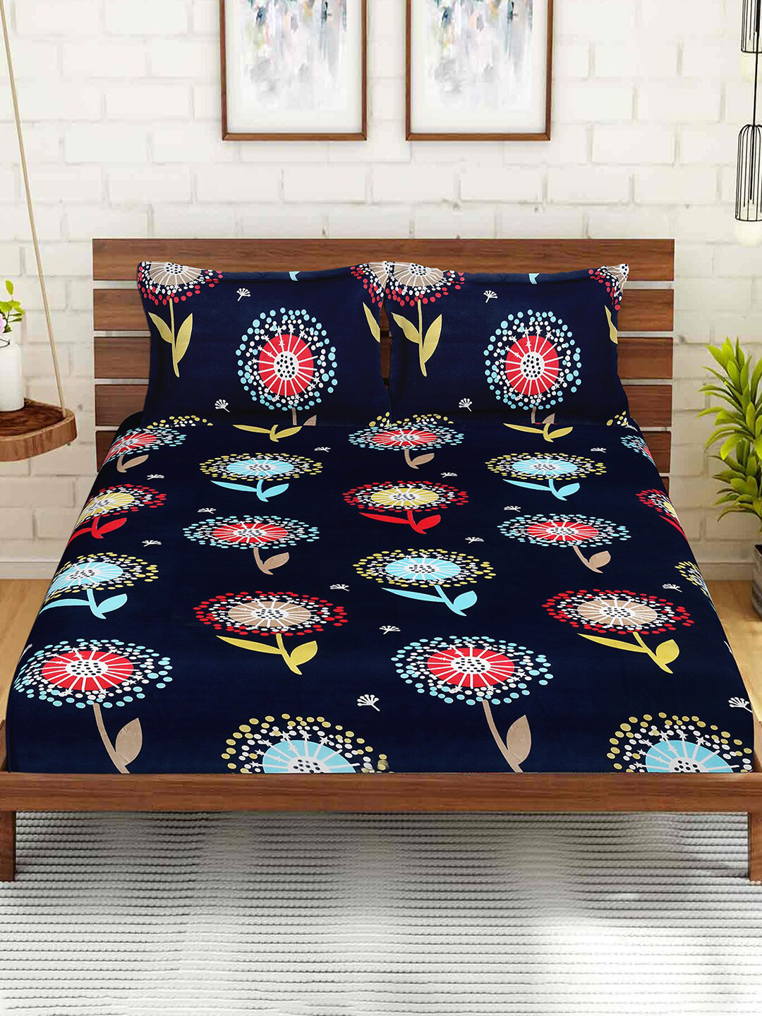 

Kuber Industries Navy Blue Floral Cotton 144 TC King Bedsheet with 2 Pillow Covers