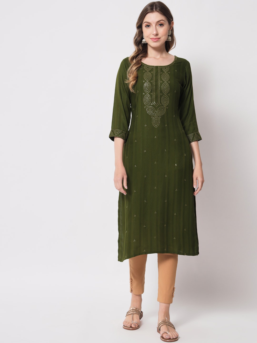 

ADORRO Women Ethnic Motifs Embroidered Round Neck Kurta, Green