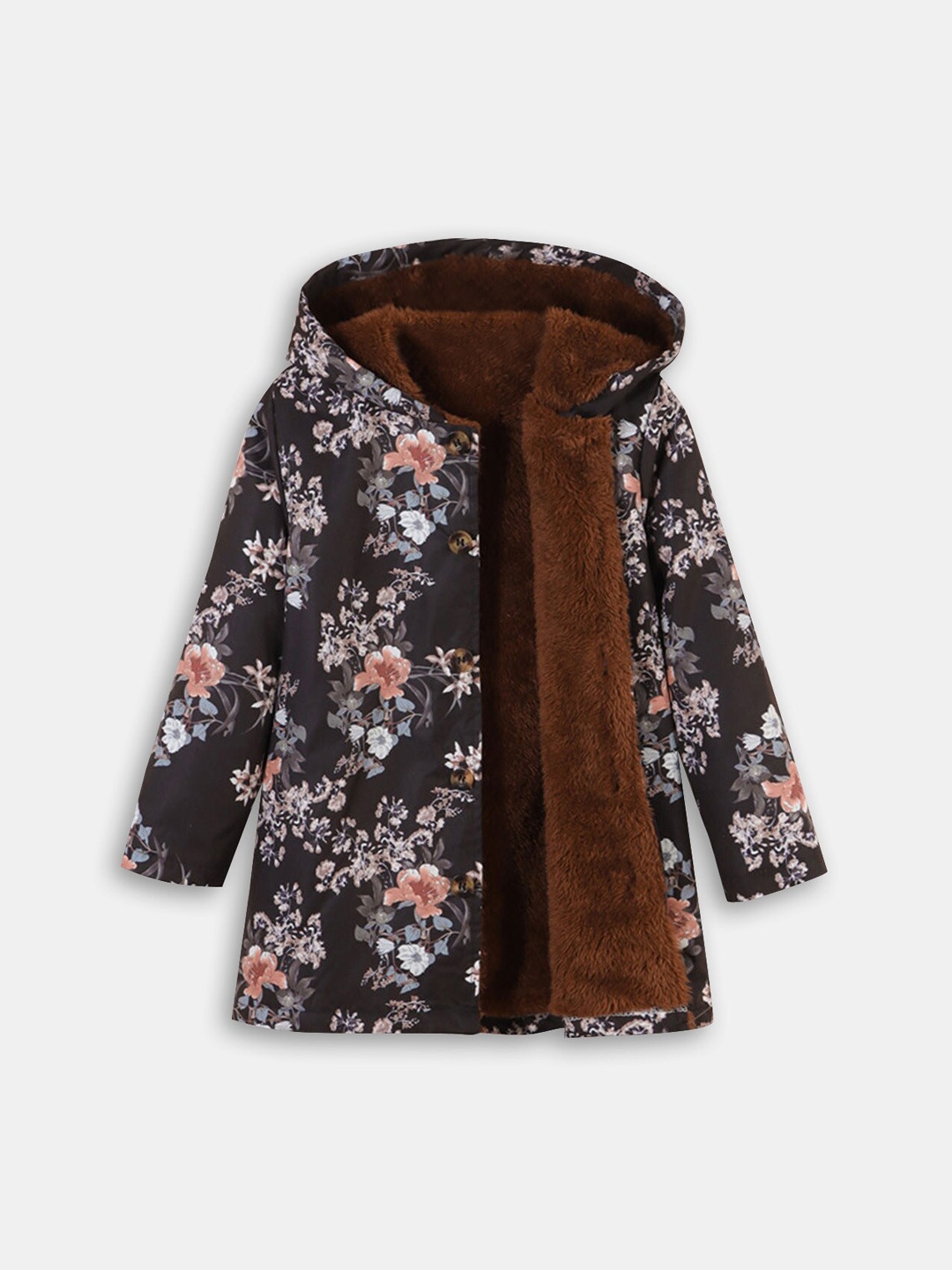 

Hopscotch Girls Floral Printed Long Coats, Black