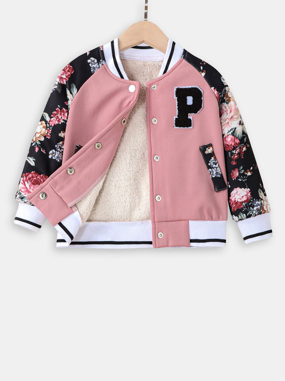 

Hopscotch Girls Floral Varsity Jacket with Patchwork, Pink