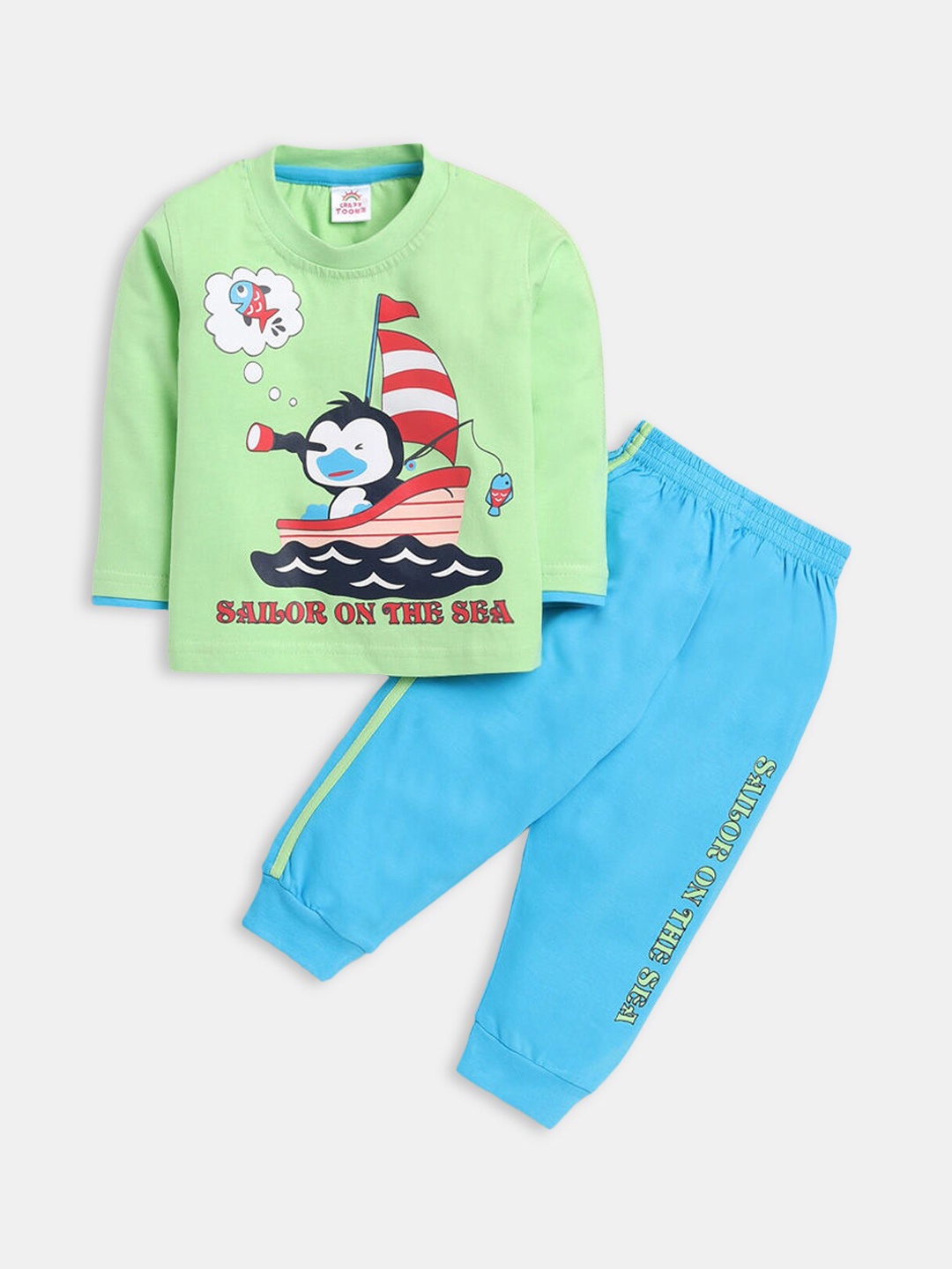

Hopscotch Boys Printed Pure Cotton Night suit, Green